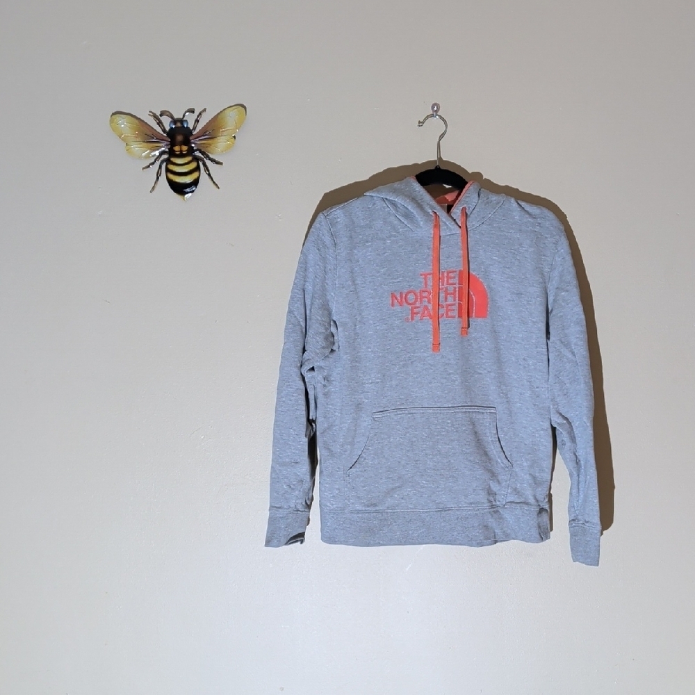 The North Face Womens Light Gray Hoodie with Coral Logo and Drawstrings
